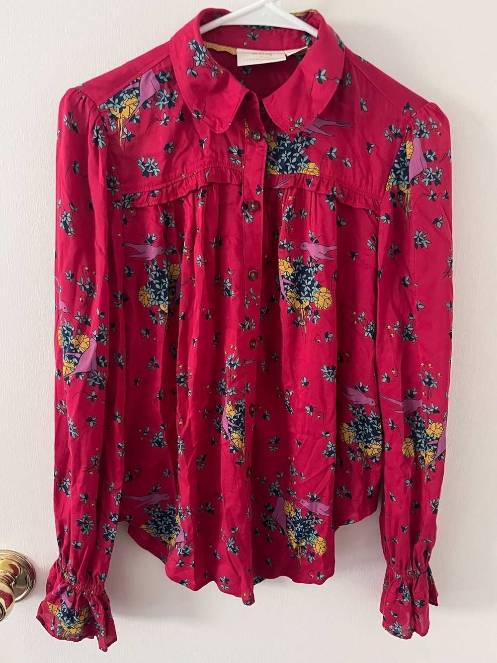 Anthropologie MAEVE Fredericka Floral Bird Long Sleeve Ruffle Blouse Pink 4